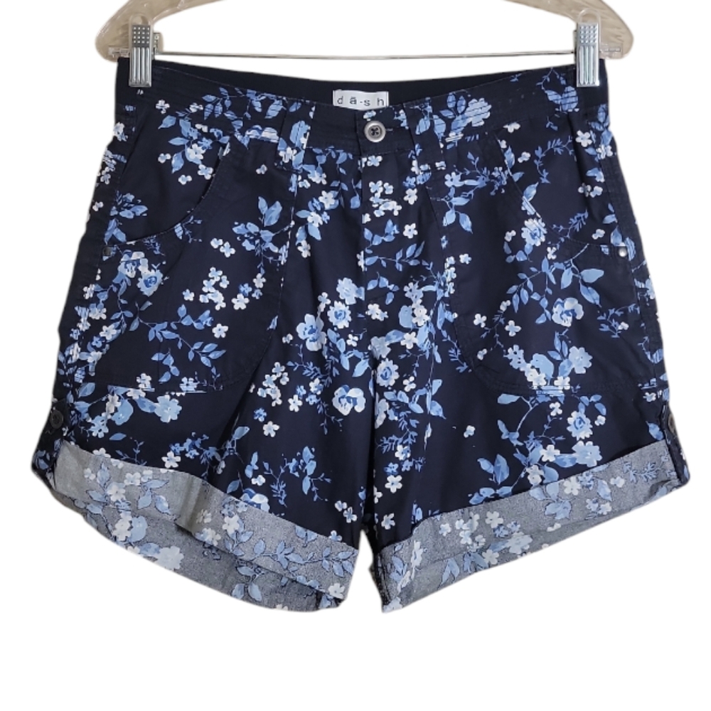 Da-sh floral shorts blue white high rise cuff cotton spandex women's size small